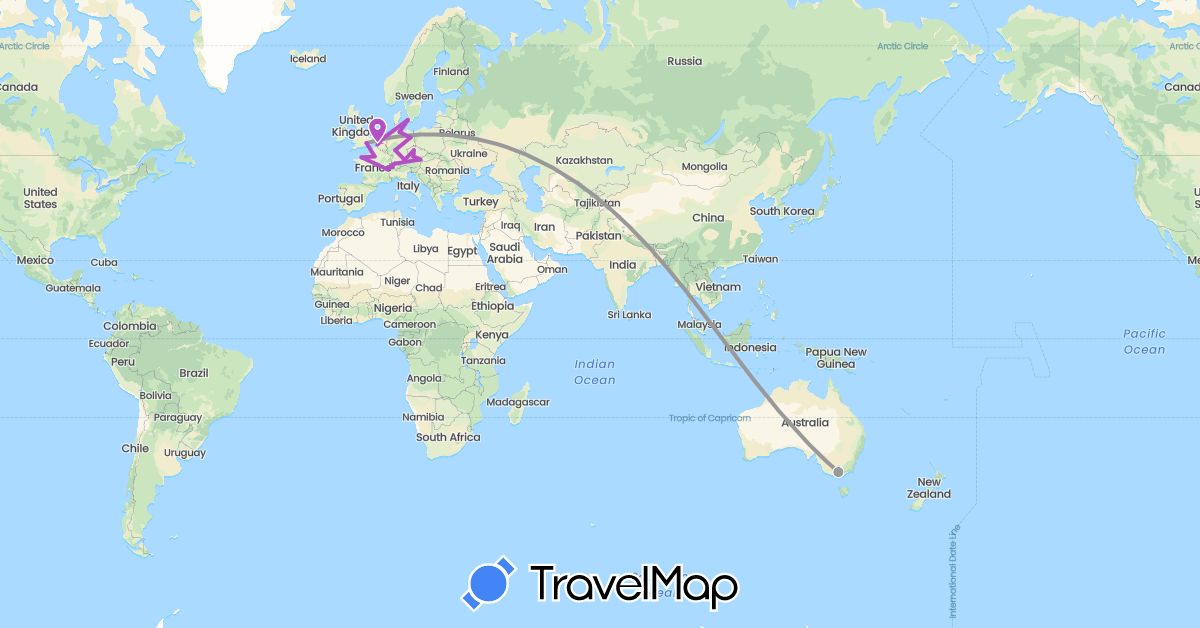 TravelMap itinerary: driving, plane, train in Austria, Australia, Belgium, Switzerland, Czech Republic, Germany, Denmark, France, United Kingdom, Netherlands (Europe, Oceania)